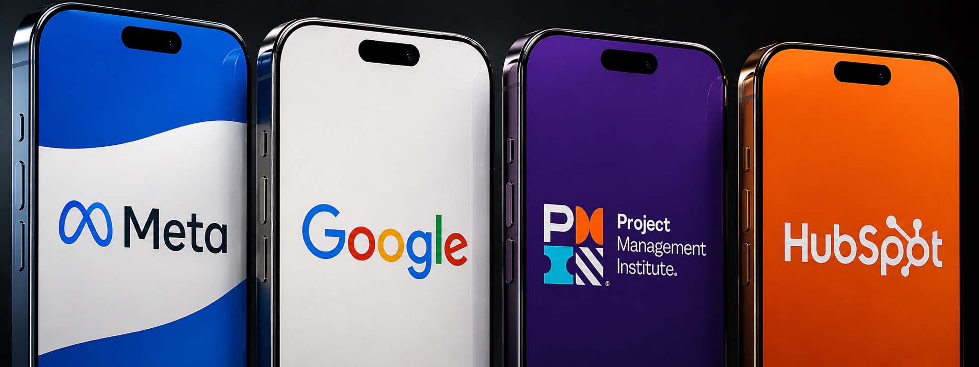 Phones showing the Meta, Google, Project Management Institute, and HubSpot logos