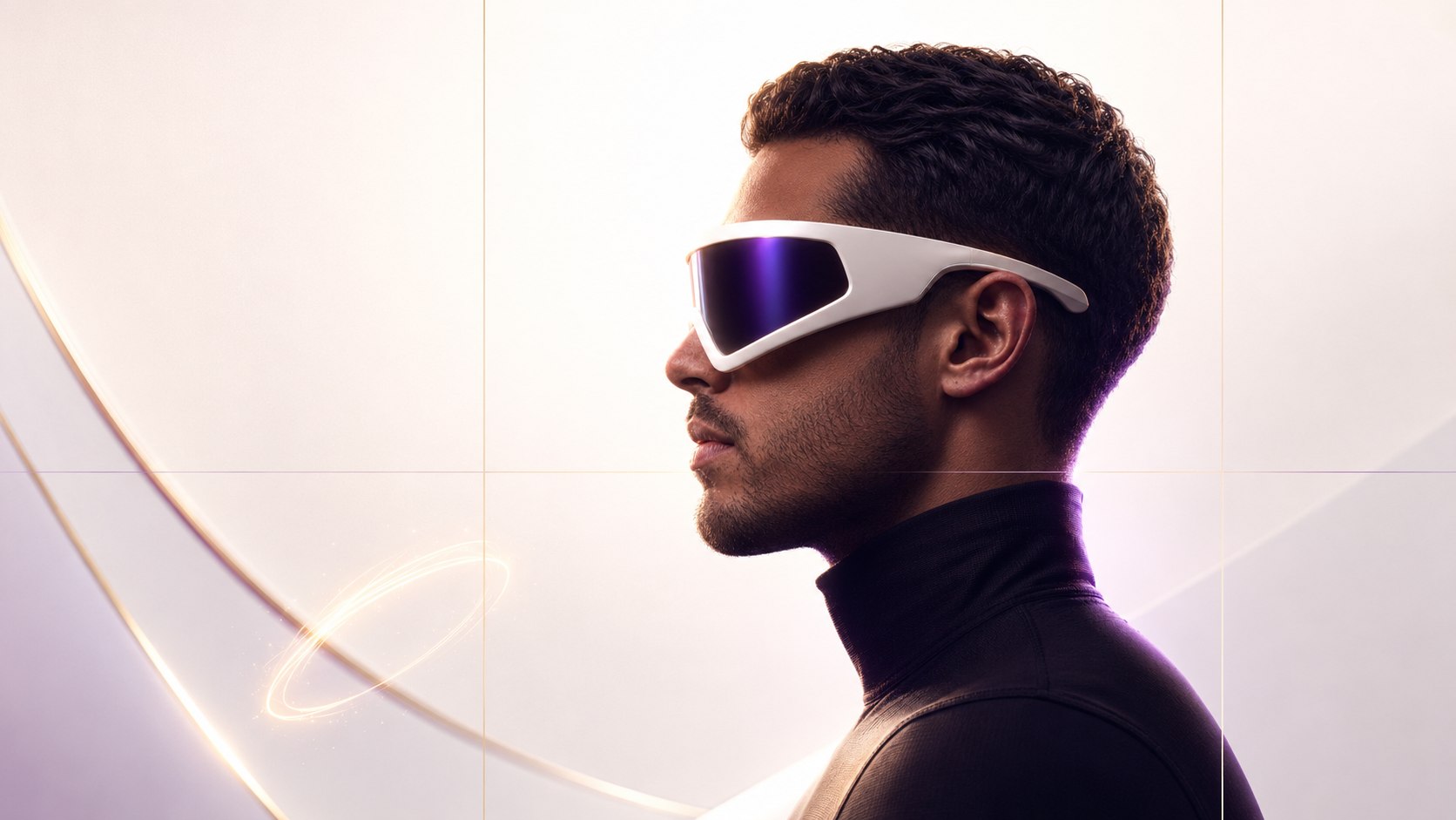 A visionary wearing a white futuristic visor with a purple lens, standing in a bright architectural space with golden light curves