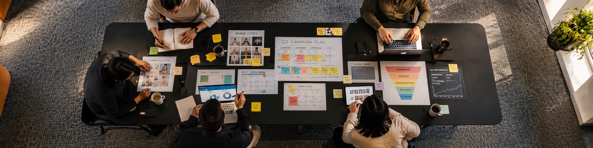 The Wasmia team mapping a campaign plan, brand story, and content ideas around a strategy table